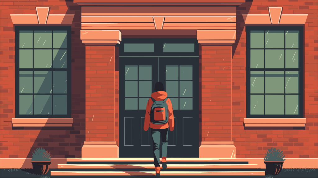 The image shows a single male student wearing a backpack, entering the front doors of a brick school building at the start of the school day.