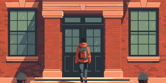 The image shows a single male student wearing a backpack, entering the front doors of a brick school building at the start of the school day.