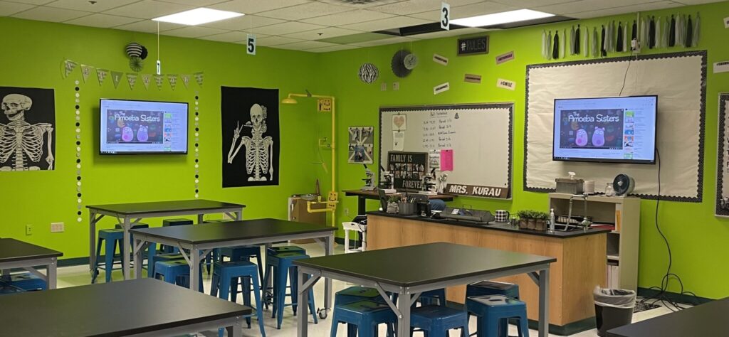 Brightly lit classroom with green walls, featuring student desks and a skeleton display, and a TV screen showing educational content
