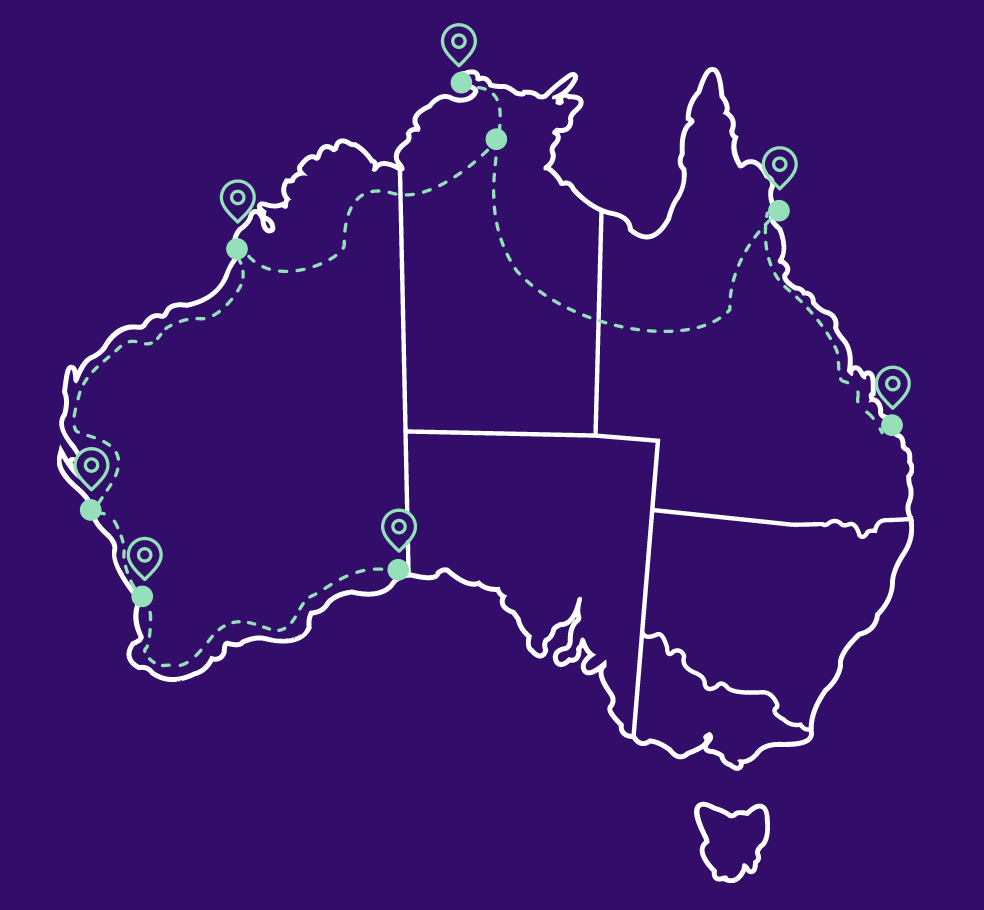 Screenshot 2024-04-16 at 3.10.21 PM Map of Australia showing a driving itinerary with points of interest beginning in Queensland and ending in Western Australia.