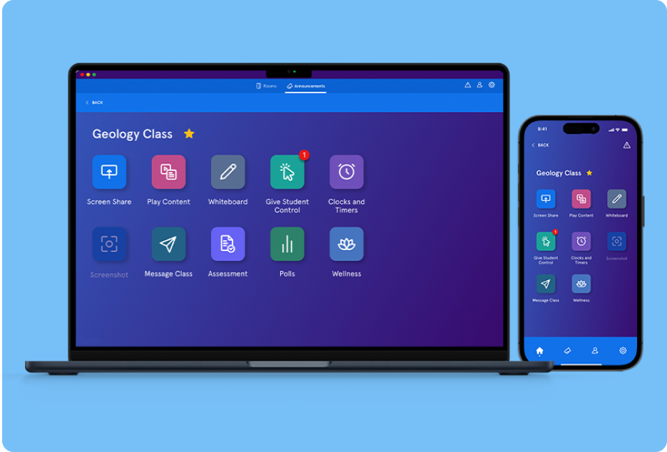 vivi-App@2x This image shows an open laptop alongside a mobile device, both displaying the main view a teacher sees when using the Vivi App. On this view, you can see that one student has requested permission to share their screen to the class display.
