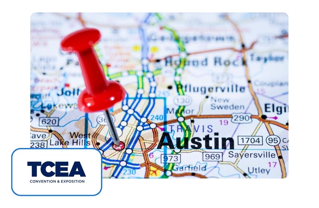 TCEA 2025 Austin A map showing Austin Texas marked by a pushpin