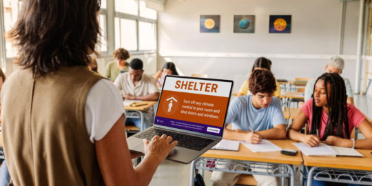 A wide shot of a bright, contemporary classroom. Students are focused on a group task or lab activity. A teacher sees an emergency alert on their device