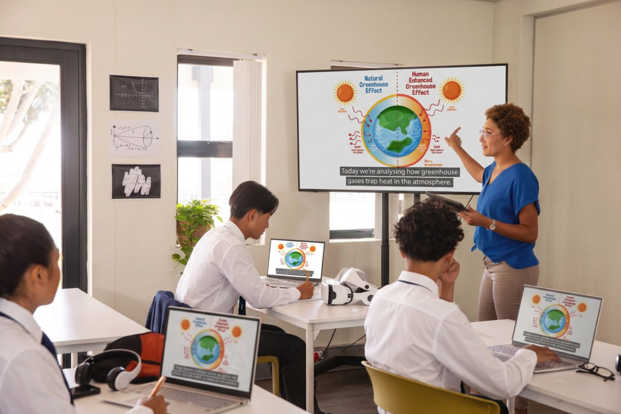 Classroom setting int he UK with live captions showing on the display