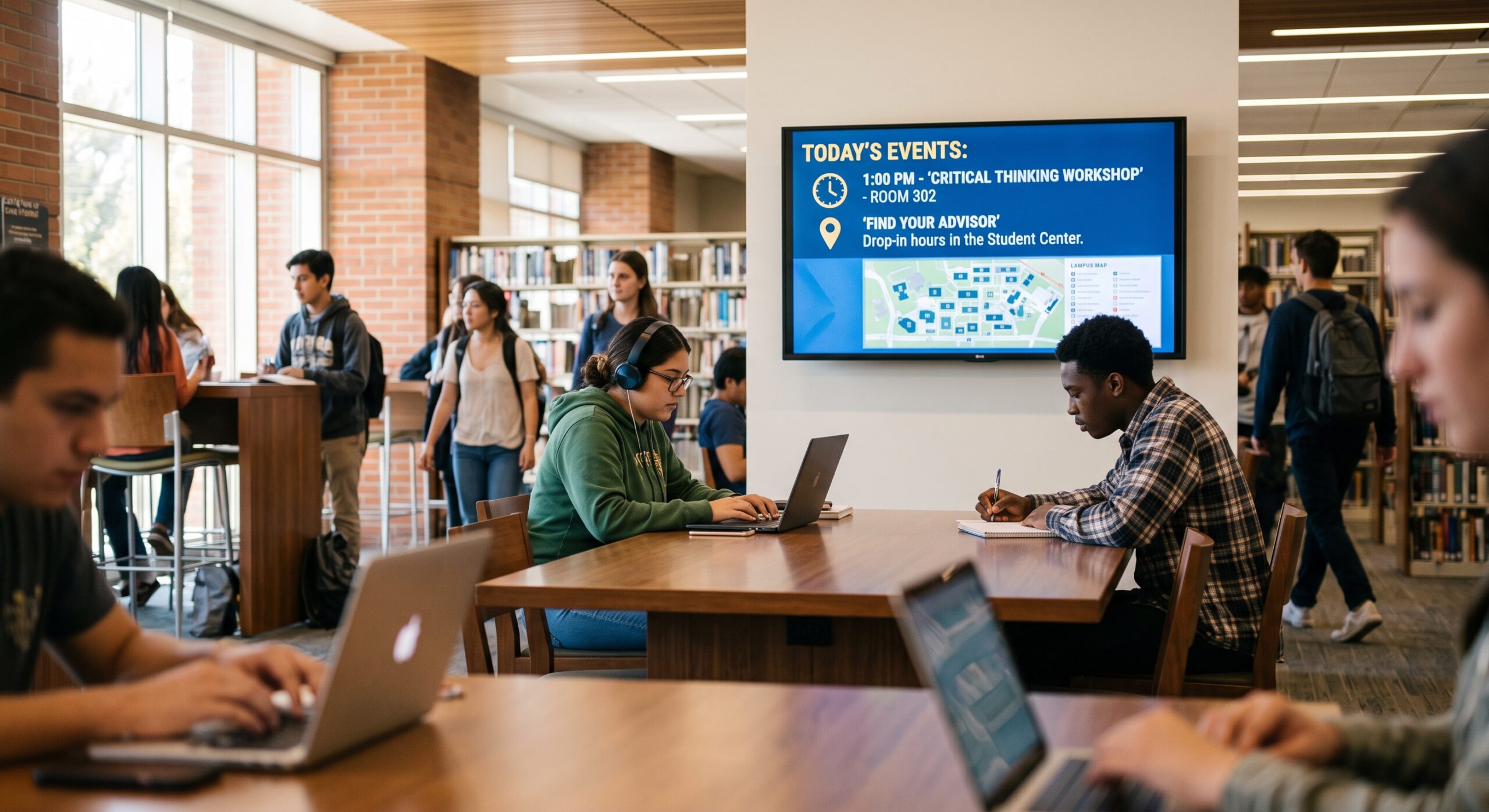 Students in a library with digital signage